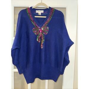 Vintage VIKI INTERNATIONAL Heavy Sequin Floral SWEATER Sz L 80's Bow Beaded Knit